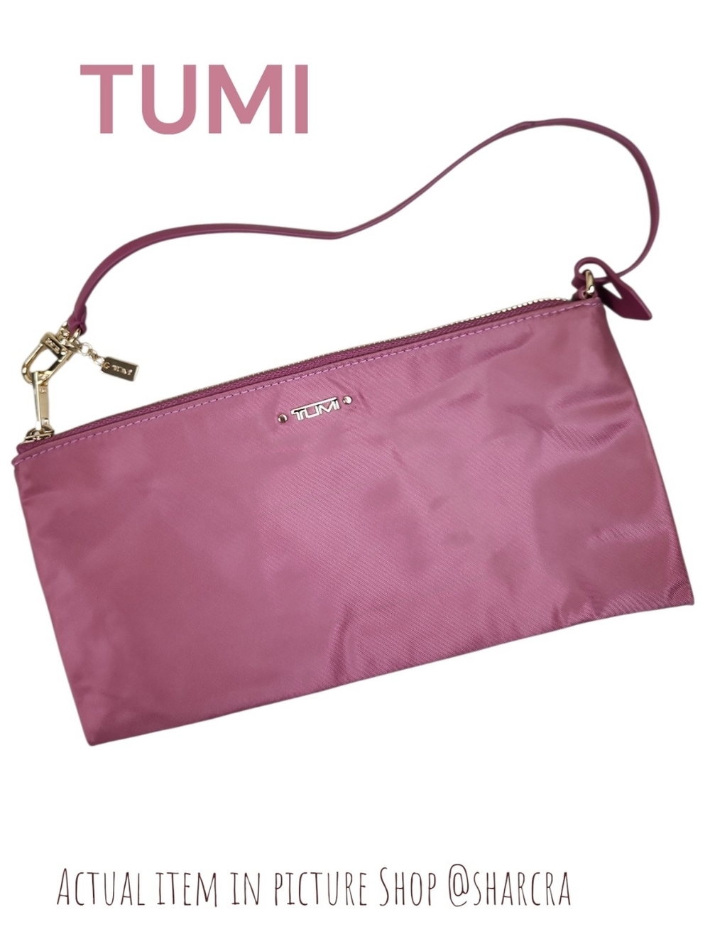 Tumi Women pouch dusty rose pink & golden logo detachable strap clutch mini bag